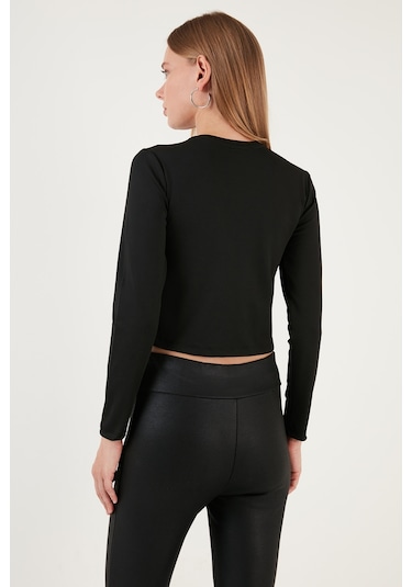Lela Slim Fit Bisiklet Yaka Önü Pencereli Crop Bayan Bluz 5865399 Siyah