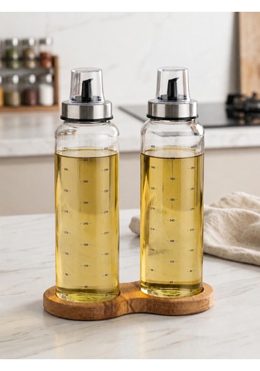 Ahşap Standlı Cam Yağdanlık Seti Damlatmaz Kapak 500 Ml 2 Li Set Şeffaf