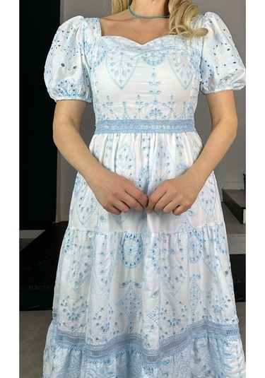 G1370 Balon Kol Fisto Elbise Mavi Mavi