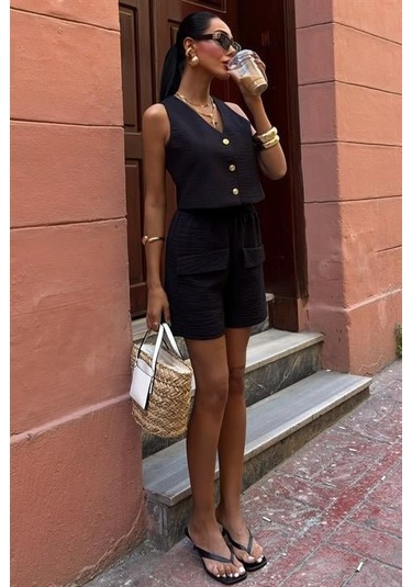 Mini Yelekli Şortlu Keten Takım 10176-08 Si Yah