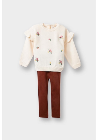 Defacto Kız Bebek 2li Takım Çiçekli Desenli Sweatshirt Tayt F2661a525wner134 Ekru