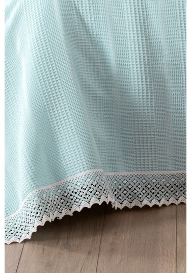 %100 Pamuk Çift Kişilik İki Renkli Kopanaki Dantelli Waffle Pike-210x230 Cm-bebe Mavisi Bebe Mavisi