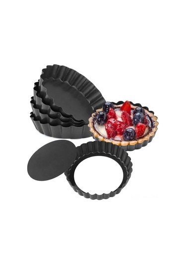 Yaleker 6'lı 10 Cm Mini Tart Kalıbı, Çıkarılabilir Tabanlı, Anti-yapışkan Kaplama, Küçük Tart Ve Kişisel Pasta Pişirme İçin Siyah