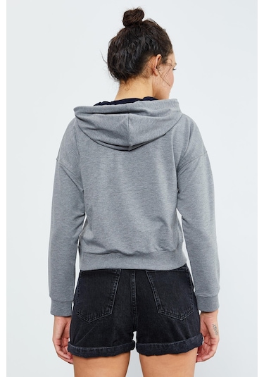 Tommy Life Gri Melanj Uzun Kol Rahat Form Kapüşonlu Kadın Sweatshirt - 97115 Gri Melanj