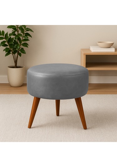 Gri Deri Puf Demonte Ayaklı Modern Oturma Ve Dekoratif Sehpa Gri