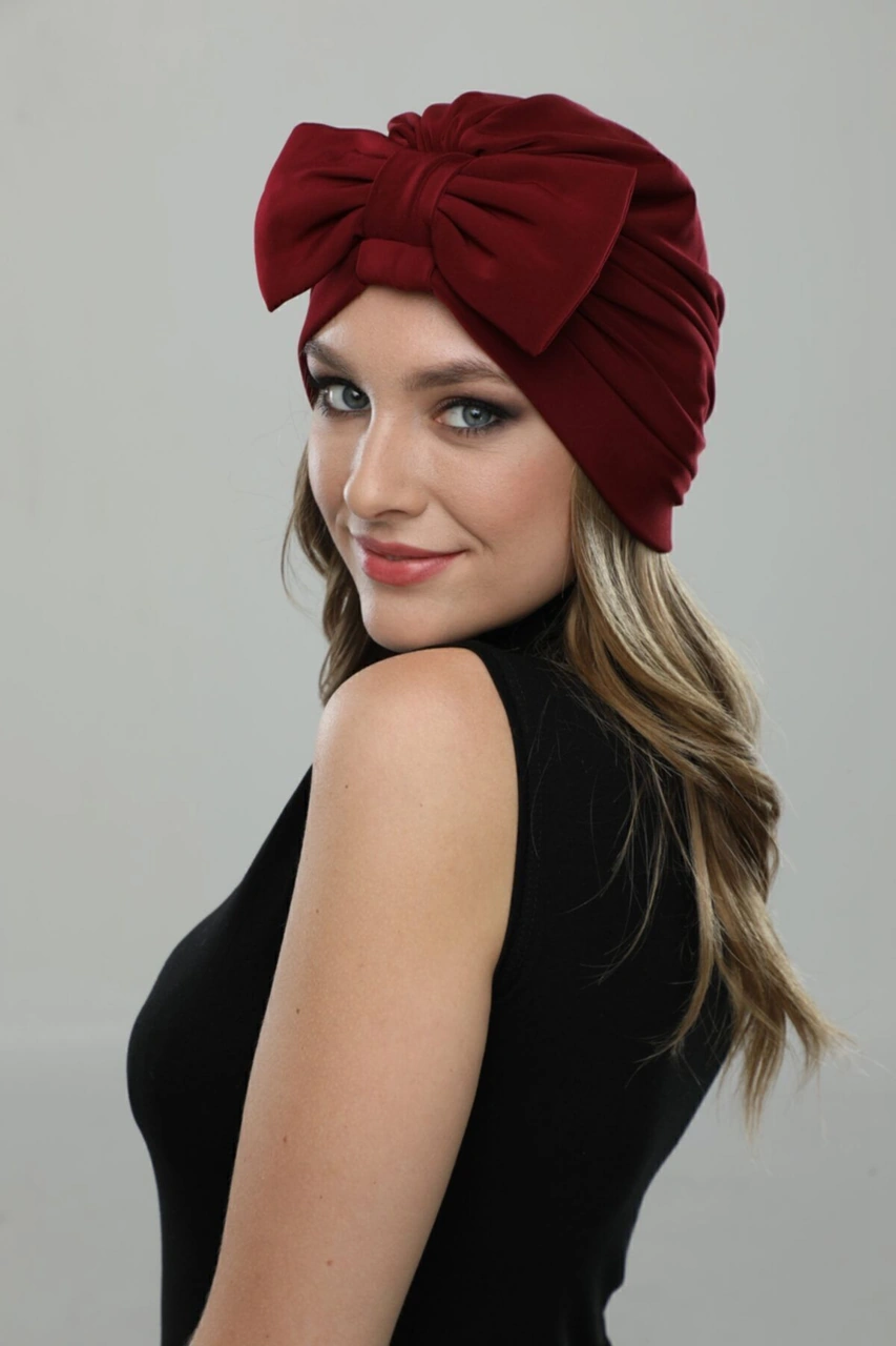 Fiyonklu Bordo Hazır Türban Tesettür Havuz Bonesi Bordo