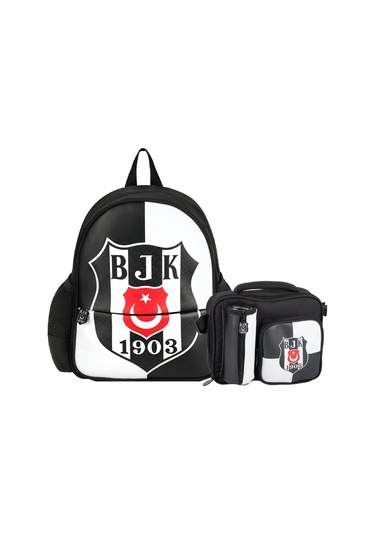 Beşiktaş 2 Bölmeli 1903 Logo Baskılı Suni Deri Anaokulu Çantası + Beslenme Çantası 2 Li Set Siyah