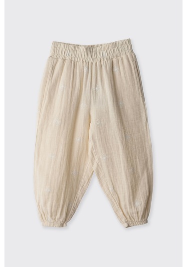 Panço Kız Çocuk Baskılı Müslin Pantolon Bej
