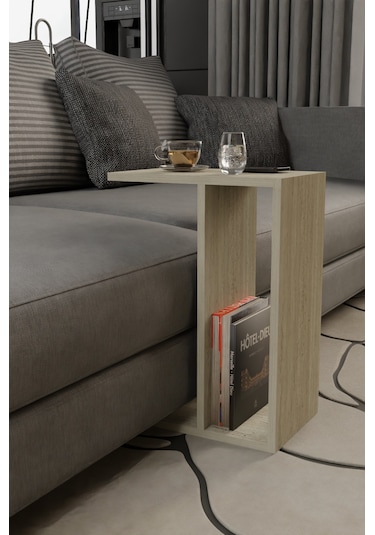 Alpa Ev Mobilya C Tasarım Koltuk Yanı Sehpa, Kitaplıklı Modern Laptop & Kahve Sehpası, Orta Sehpa Traverten