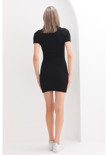 Kallima Siyah Kısa Kollu Mini Fitilli Esnek Kalem Elbise