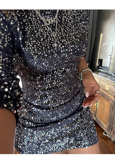 Kadife Kumaş Pul Payet Kısa Elbise Antrasit Mini Payetli Abiye Elbise Antrasit Koyu Gri