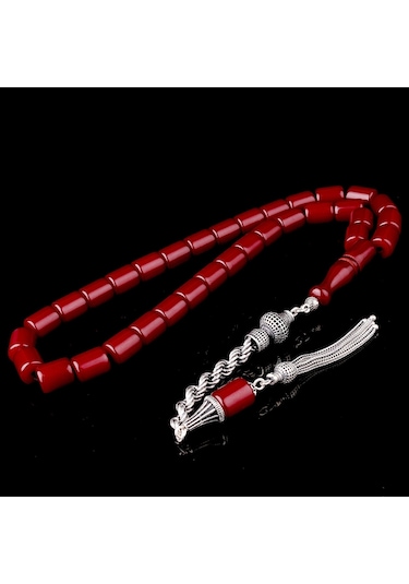 925 Ayar Gümüş Püsküllü Kesme Model Bordo Renk Ateş Kehribar Tesb