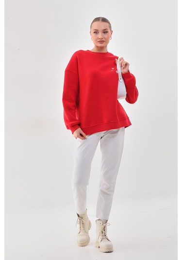 Kallima Oversize Baskılı İçi Polarlı Kırmızı Kadın Sweatshirt Kırmızı