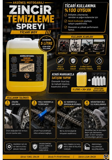 Akgüneş Motogaraj Zincir Temizleme Spreyi 5 Lt Ticari Boy Profesyonel Motosiklet Zincir Bakım Ve Temizlik Ürünü