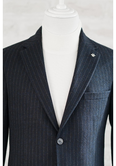 Slimfit Torba Cep Çizgili Mono Yaka Astarsız Çift Yırtmaç Likralı Kışlık Erkek Tek Ceket Lacivert