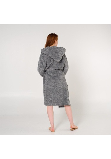 Uzun Welsoft Kapüşonlu Kadın Sabahlık Gri
