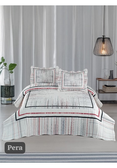 Örtüm Çift Kişilik Kapitone Yatak Örtüsü Kırmızı - Beyaz - Siyah