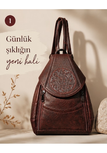 Durush Collection Hakiki Deri, Tasarım El İşlemesi Motifli Bordo Sırt Çantası
