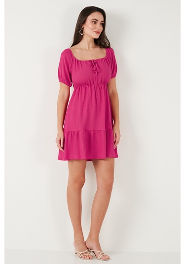 Lela Önü Büzgülü Balon Kollu Mini Bayan Elbise 5869005 Fuşya