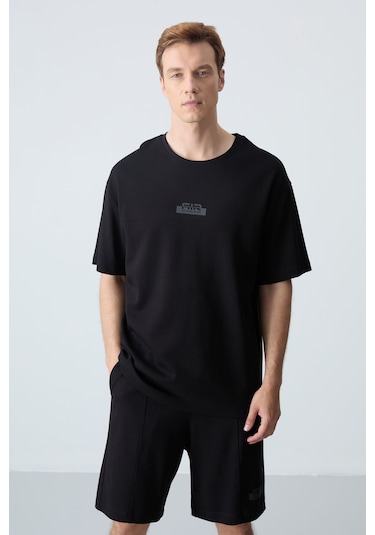 Tommy Life Siyah Pamuklu Kalın Yumuşak Dokulu Oversize Fit Basic Erkek Şort Takım - 85259