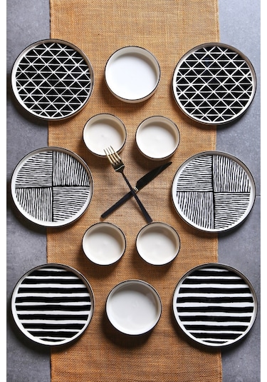 KitchenLife Stackable Pop Black White 12 Parça 6 Kişilik Kahvaltı Takımı Beyaz - Siyah