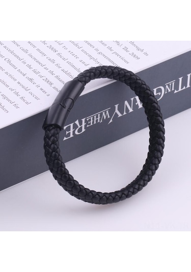 Vkemall Erkekler İçin Siyah Klasik Deri Bileklik - Magnet Kapanlı, Dayanıklı, Moda Aksesuarı Diğer