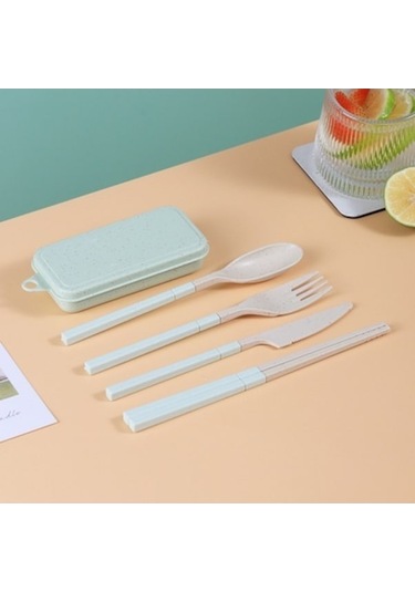 Yeniden Kullanılabilir Seyahat Kamp Beslenme Çantası İçin Kaşık Çatal Set Açık Yeşil Açık Yeşil