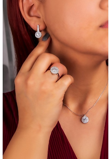925 Ayar Gümüş Rodyumlu Full Zirkon Taşlı Yuvarlak Bayan Takı Seti -8230 Gümüş