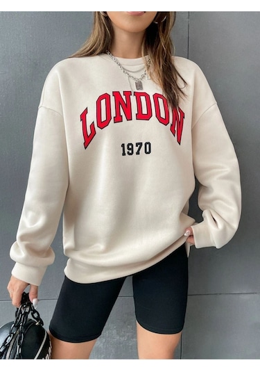 Altamira Unisex Bej London Baskılı Bisiklet Yaka Oversize Sweatshirt 001
