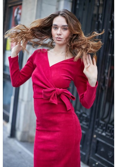 Kadın Hafif Likralı Triko Kruvaze Anvelop Bağcıklı Uzun Kol Diz Altı Uzun Elbise-şarap Şarap Kadın Hafif Likralı Triko Kruvaze Anvelop Bağcıklı Uzun Kol Diz Altı Uzun Elbise-şarap Şarap