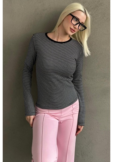 Siyah Çizgili Uzun Kollu Kadın Body Mg2657 Siyah
