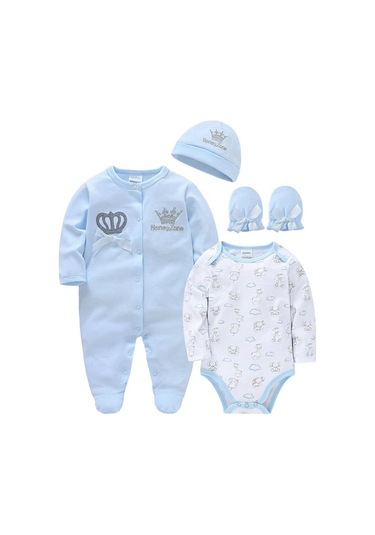 Açık Mavi Bebek Kız Giysileri Set Erkek Pijama Bebe Fille Şapka Eldiven Pamuk Nefes Yumuşak Ropa Bebe Yenidoğan Uyuyanlar Bebek Pijamaları Açık Mavi