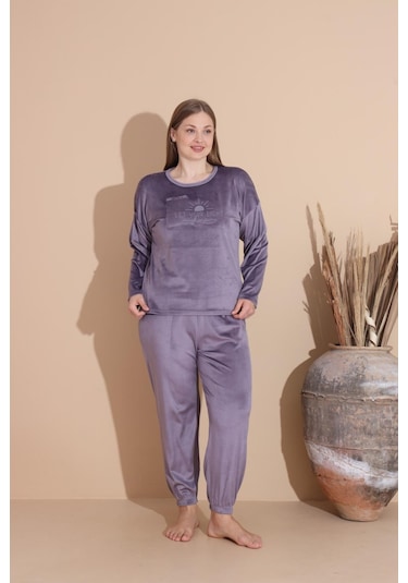 Boyraz Kadın Kışlık Fransız Kadife Büyük Beden Bisiklet Yaka Uzun Kol Pijama Takımı 03139 - 1 Adet Açık Mor