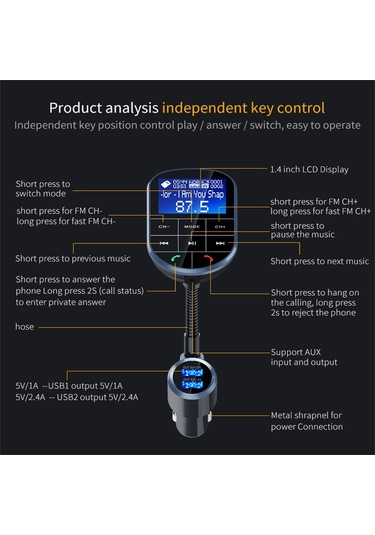 Bc37 Çift Usb Şarj Akıllı Bluetooth Fm Verici Mp3 Müzik Çalar Araç Kiti, Ahizesiz Arama Ve Tf Kart Ve U Disk Siyah Desteği