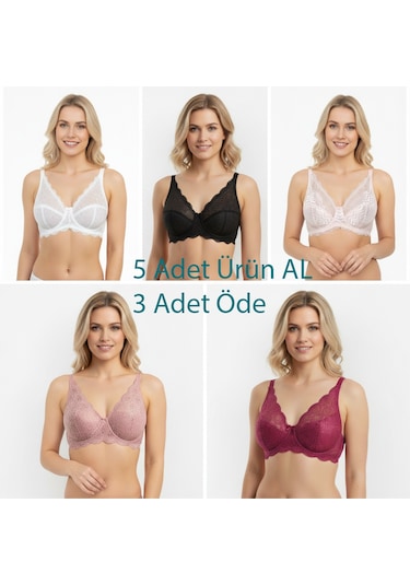 Bonbon Kadın Dantelli Toparlayacı 5 Renk 5'li Paket Sütyen Bb2125 Desenli