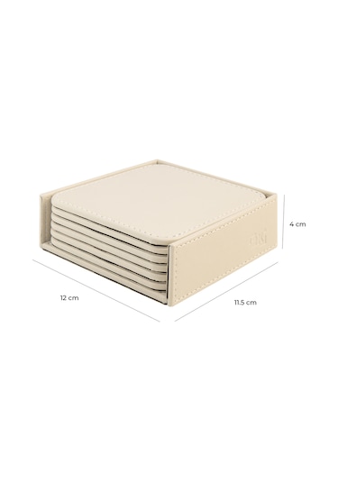 Bardak Altlığı,6 Lı Set,masaüstü Kare Cup Coaster,vegan Suni Deri,11x11 Cm.,bej