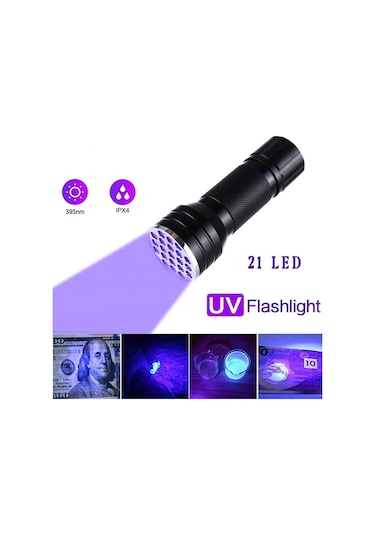 Valkyrie 21 Led 395nm Güneş Işığı Eltraviyole Uv El Feneri - Siyah Fener - Evcil Hayvan Otel Ev Temizlik Para Taş Mücevherat Siyah