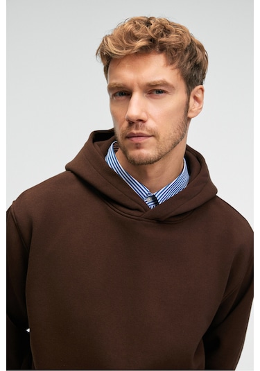 AMOS Erkek Yumuşak Kumaşlı 3 İplik Oversize Kapüşonlu Kanguru Cepli Acı Kahve Sweatshirt