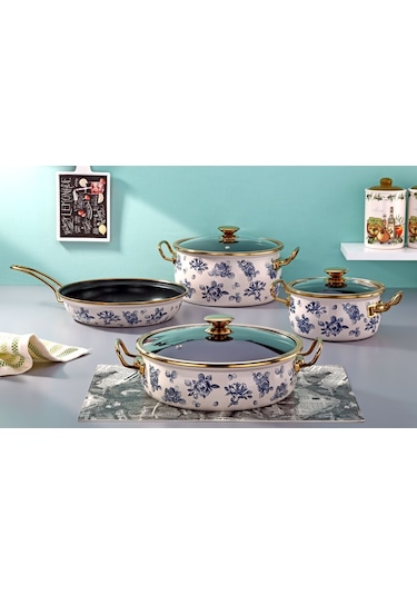Bonera Lilium 7 Parça Mavi Gül Desenli Emaye Tencere & Tava Seti
