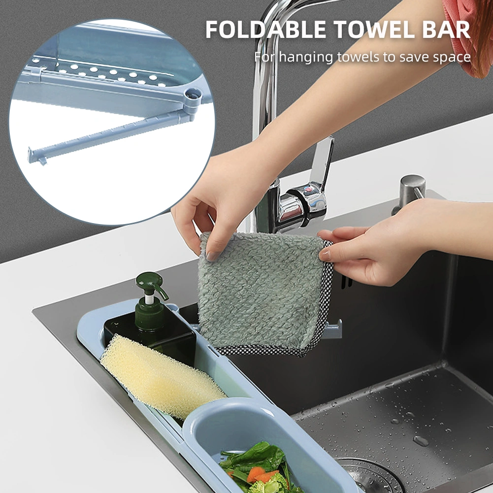 Geeroyoo Mavi Gri Genişletilebilir Sıvı Filtreli Lavabo Sepeti - Bölmeli Su Çıkarma, Havlu Asma Barı Ve Mutfak Malzemeleri Depolama Gri - Mavi