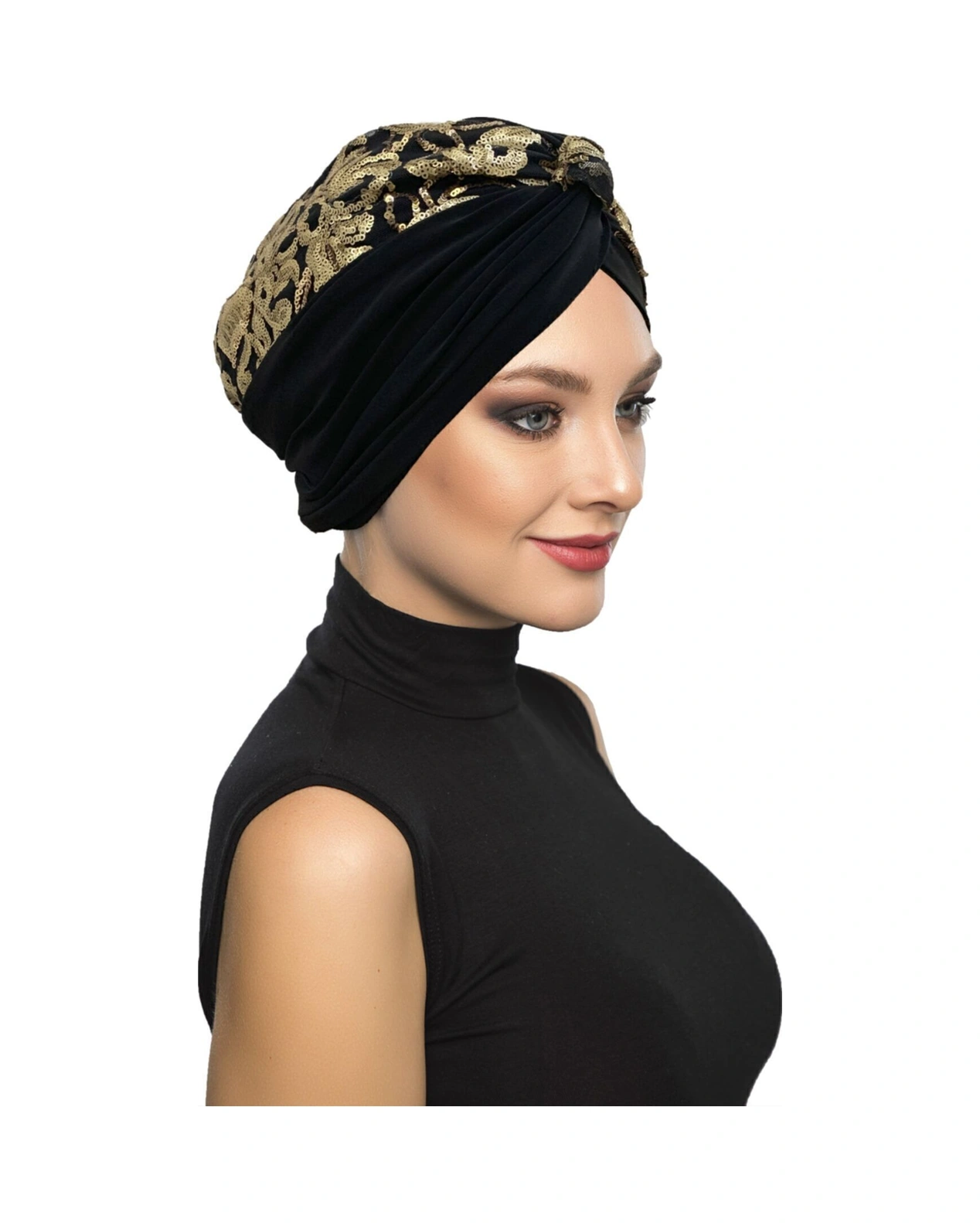Özel Tasarım Siyah Üzeri Altın Payetli Etnik Desenli Astarlı Hazır Türban Tesettür Abiye Bone Siyah5