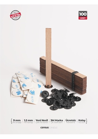 Ahşap Mum Fitili 9 Mm Genişlik Nikel Kaplama Çelik Taban, 3m Köpük Bantlı, 100 Lü Set Ahşap