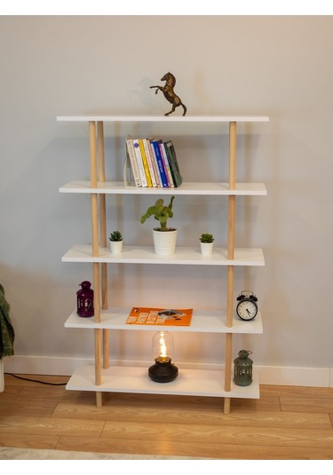 5 Raflı Modern Dekoratif Kitaplık Klasörlük Mutfak Rafı Kiler Çok Amaçlı Düzenleyici - Beyaz Beyaz