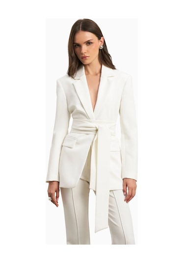 Because Of Alice Classic Blazer With Belt Klasik Blazer Kadın Ceket Beyaz