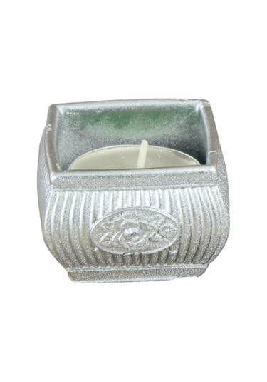 Eskitme Mumluk Şamdan Tealight Mum Uyumlu Mini Çizgili Çiçekli Model - Gümüş