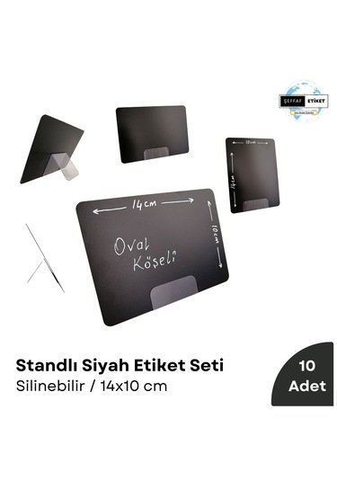 10 Ad Silinebilir Pvc Karatahta Siyah Etiket Stand 14x10 Cm Açılı