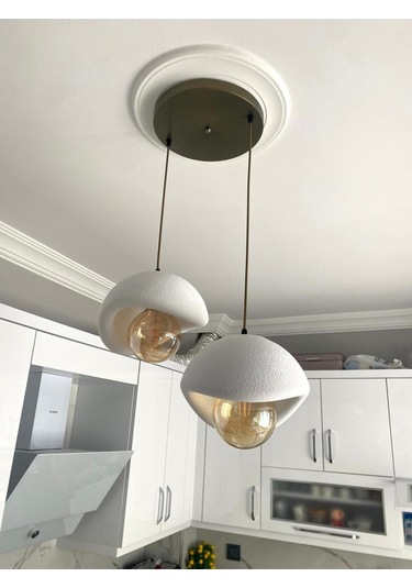 Beton Görünümlü Modern Şık İskandinav Tarz 2 Başlı Avize 25cm Rustik Ampul Hediyeli Nestvibe Eskitme - Gold