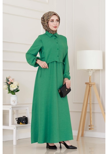 Yanları Bağlamalı Elbiseli Takım-yeşil-5025 Yeşil