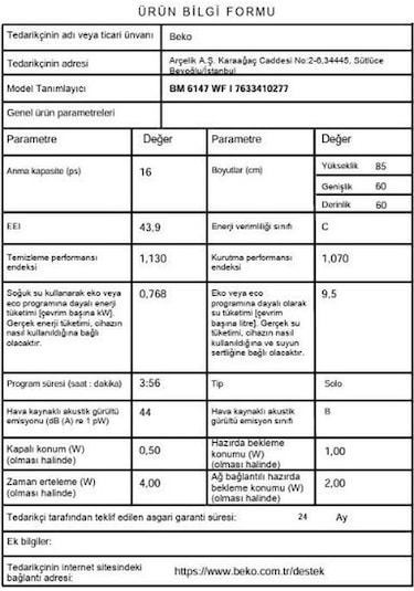 Beko BM 6147 WF I 6 Programlı Bulaşık Makinesi