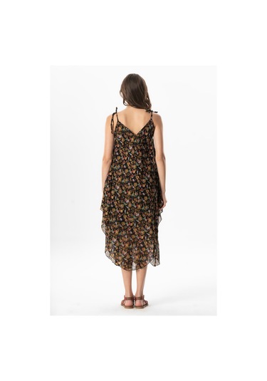 Askılı Vual Afrodit Midi Boy Yazlık Elbise Çiçek Siyah 6240 Çiçek Siyah